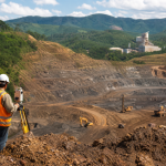 Mina a céu aberto com equipamentos de pesquisa geológica em área brasileira, sem textos ou logotipos visíveis