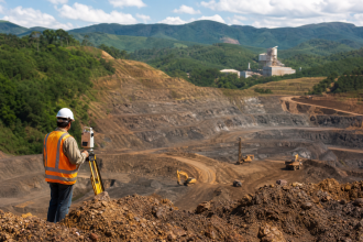 Mina a céu aberto com equipamentos de pesquisa geológica em área brasileira, sem textos ou logotipos visíveis