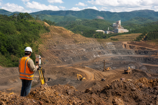Mina a céu aberto com equipamentos de pesquisa geológica em área brasileira, sem textos ou logotipos visíveis