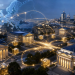 Representação abstrata de uma infraestrutura financeira digital conectando bancos europeus e ativos tokenizados, sem textos, logotipos ou números legíveis.