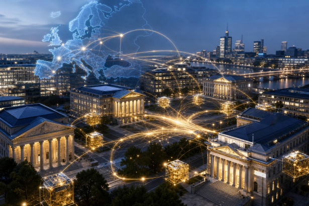 Representação abstrata de uma infraestrutura financeira digital conectando bancos europeus e ativos tokenizados, sem textos, logotipos ou números legíveis.