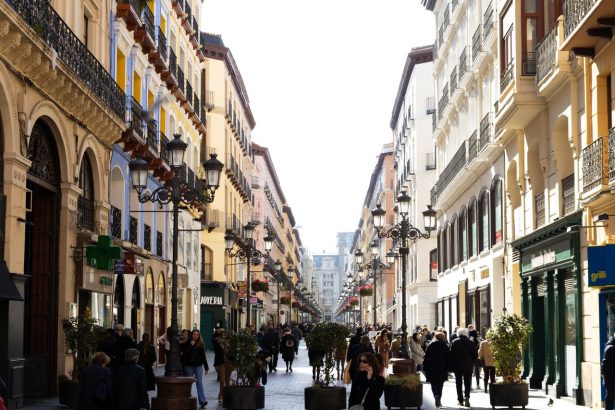 Rua de pedestres movimentada em Zaragoza, na Espanha, com pessoas circulando entre edifícios e estabelecimentos comerciais.